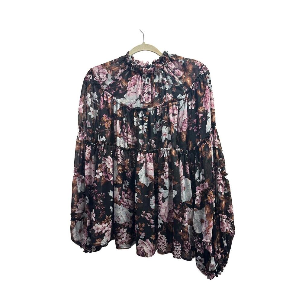OPT Blouse Womens Size Large Floral Long Sleeve Ruffled Tiered Balloon Sleeves